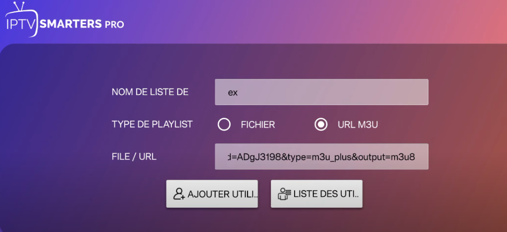 Ajouter un utilisateur avec une nouvelle URL M3U dans IPTV Smarters Pro
