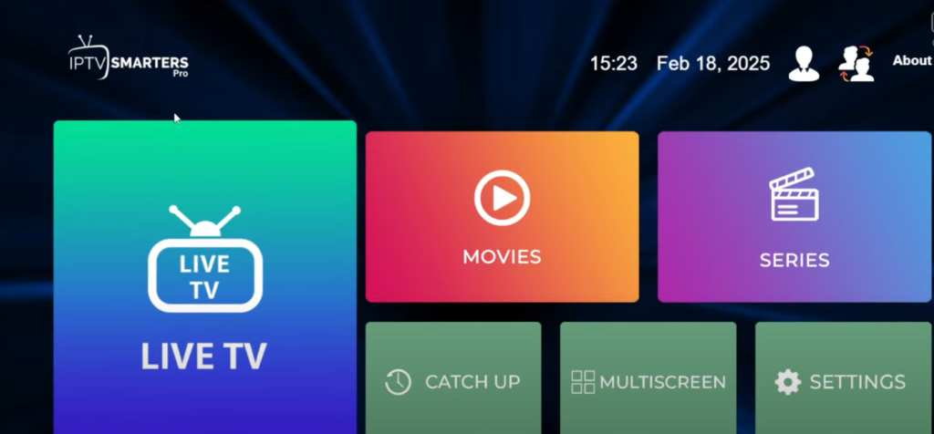 Écran d’accueil d’IPTV Smarters Pro avec les sections Live TV, Movies et Series