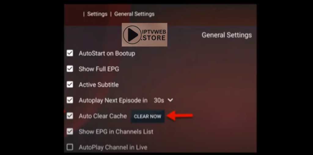 Paramètres généraux d’IPTV Smarters Pro avec le bouton Clear Now pour vider le cache