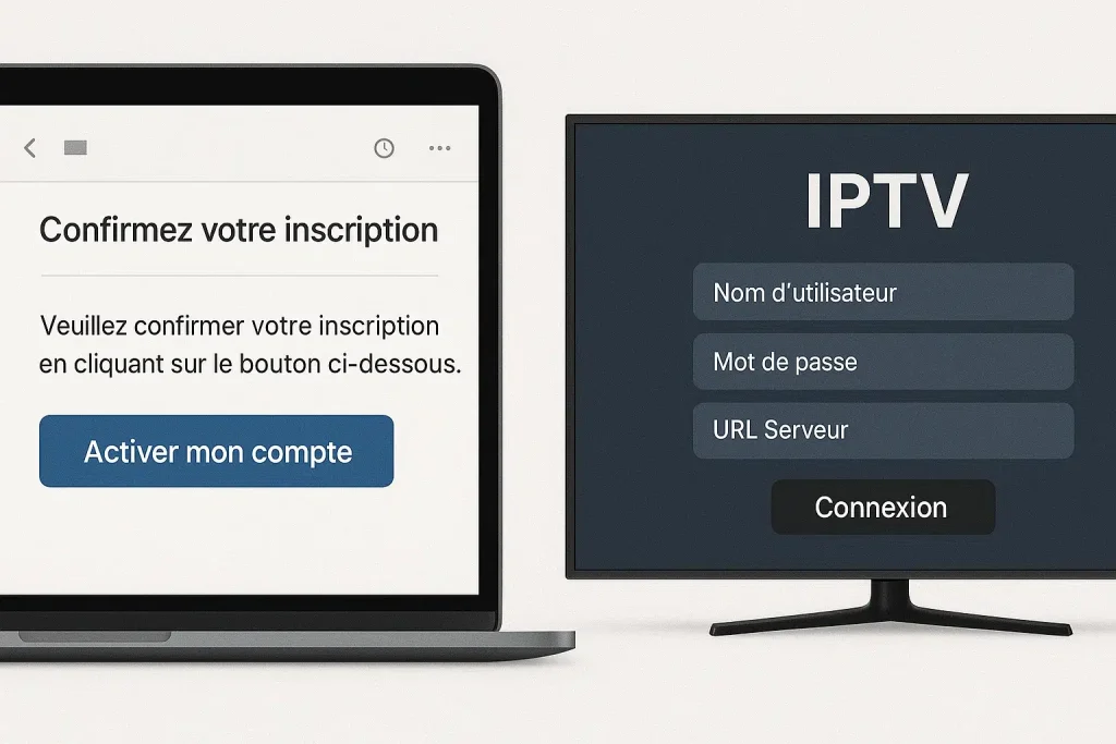 Courriel de confirmation et écran de connexion IPTV avec nom d’utilisateur, mot de passe et URL du serveur