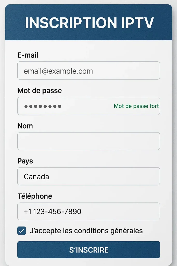 Formulaire d’inscription IPTV avec adresse courriel, nom et pays