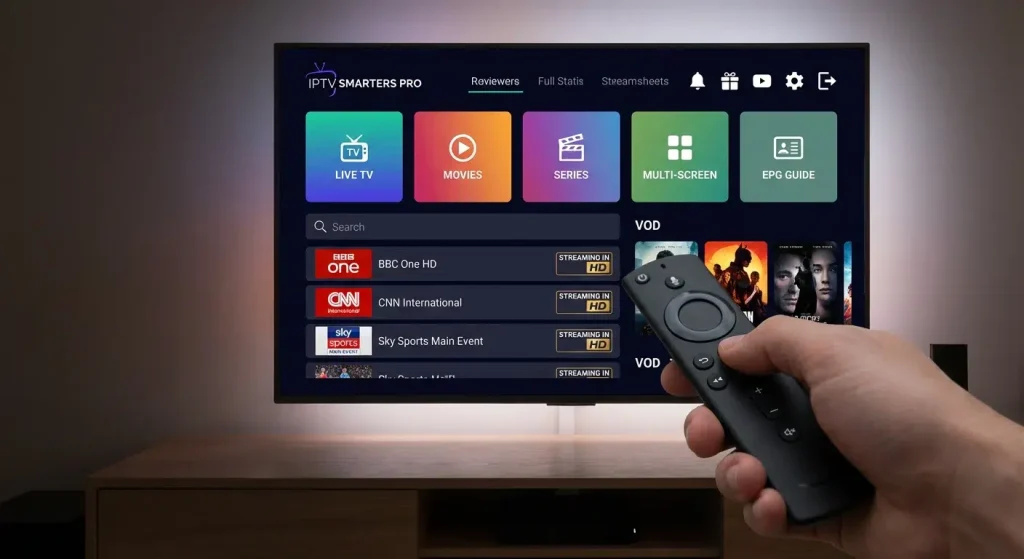 Écran d’accueil d’IPTV Smarters Pro sur un téléviseur