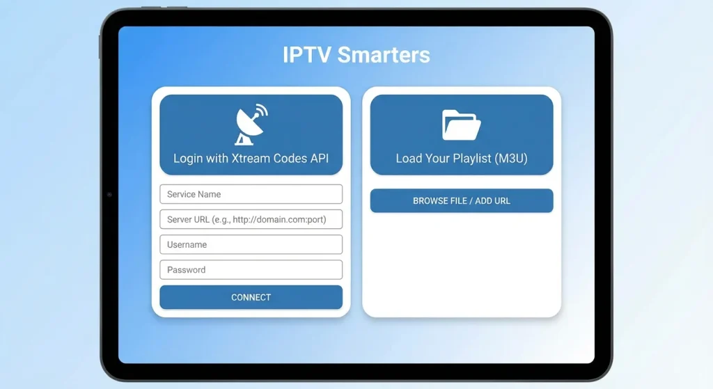 Écran de connexion d’IPTV Smarters : Xtream Codes API ou playlist M3U