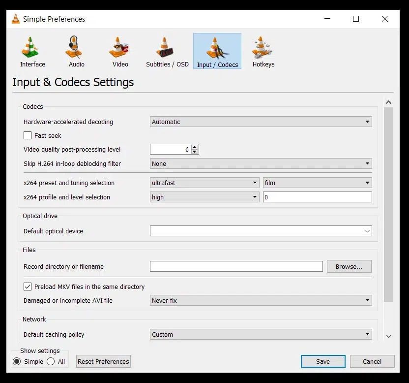 Préférences Entrée / Codecs de VLC