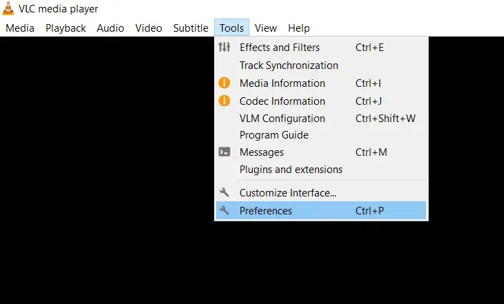 Ouvrir les préférences de VLC depuis le menu Outils