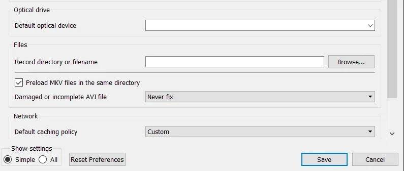 Enregistrer les préférences de VLC