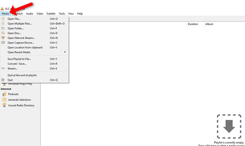 Menu Média de VLC sous Windows