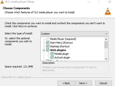 Sélection des composants lors de l’installation de VLC