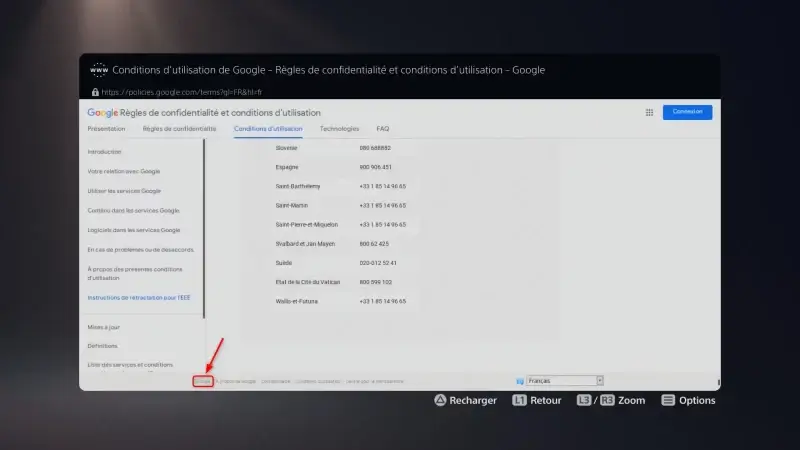Lien Conditions sur la page de connexion Google de la PS5