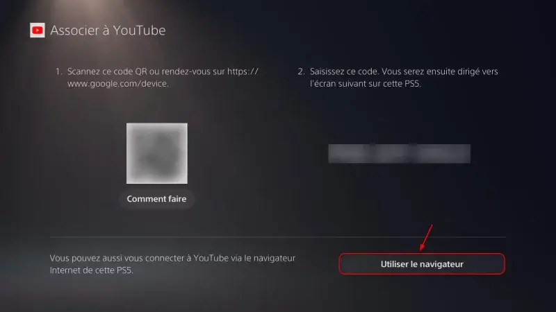 Option Utiliser le navigateur sur la PS5