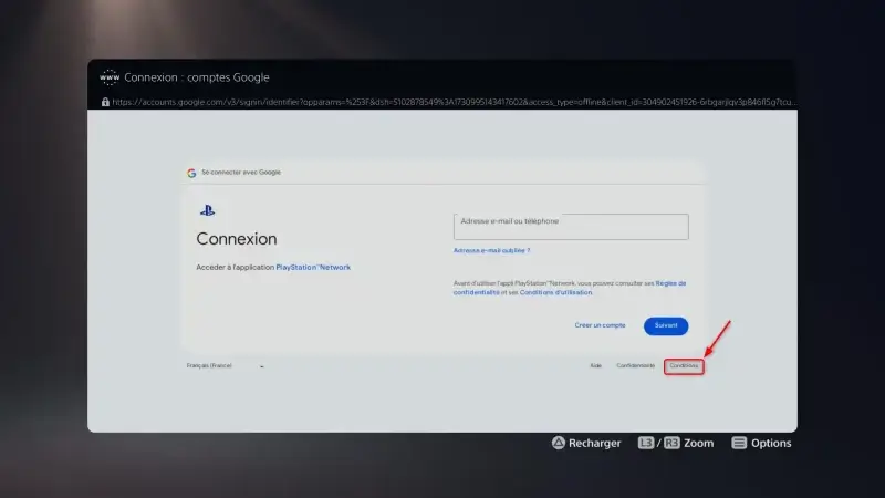 Page de connexion Google ouverte sur la PS5