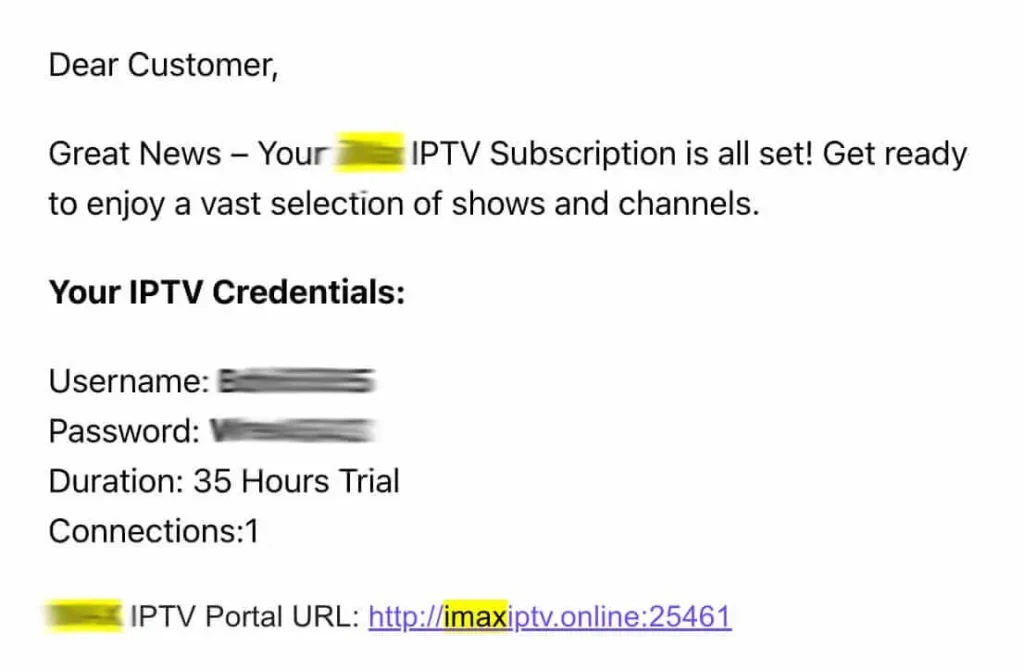 Courriel contenant les identifiants d’un abonnement IPTV