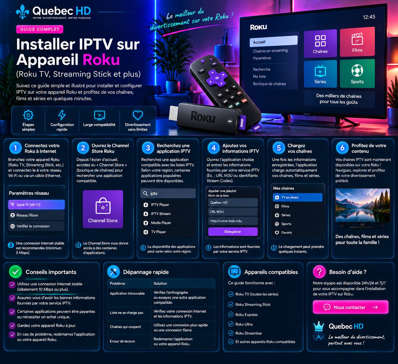 Guide IPTV Roku TV Streaming Stick installation Quebec HD