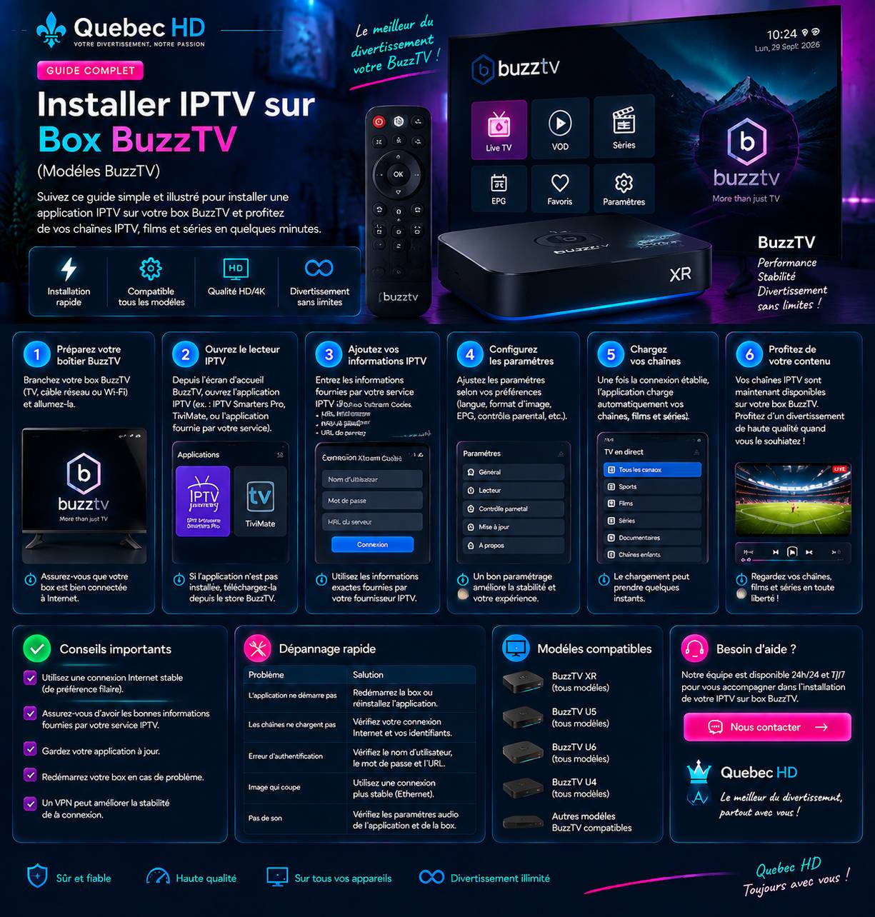 Guide IPTV Box BuzzTV installation configuration complète Quebec HD