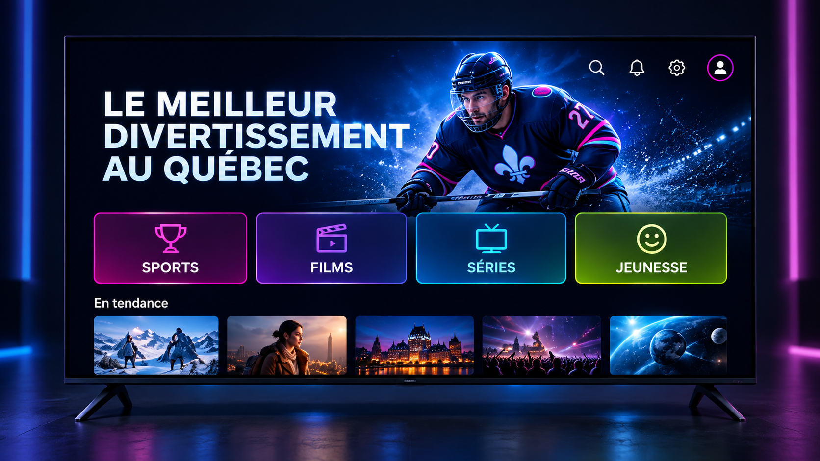 Interface IPTV Quebec sur un téléviseur, avec les catégories Sports, Films, Séries et Jeunesse