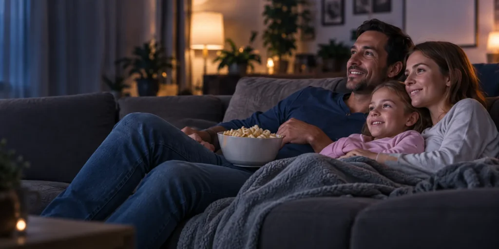 Famille dans le salon de sa maison regardant la télé avec l’IPTV à Laval