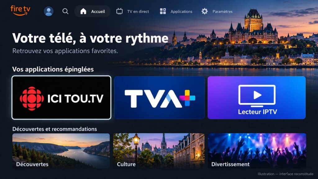 Écran d’accueil d’un Fire TV Stick avec les applications ICI TOU.TV, TVA+ et un lecteur IPTV épinglées