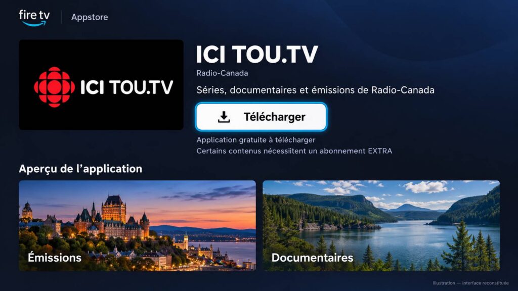 Page de l’application ICI TOU.TV dans l’Appstore d’un Fire TV Stick, avec le bouton Télécharger