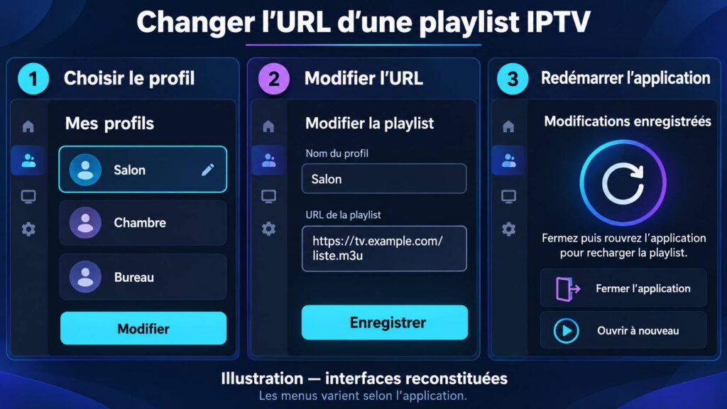 Les trois étapes pour changer l’URL d’une playlist IPTV : choisir le profil, modifier l’URL, redémarrer l’application